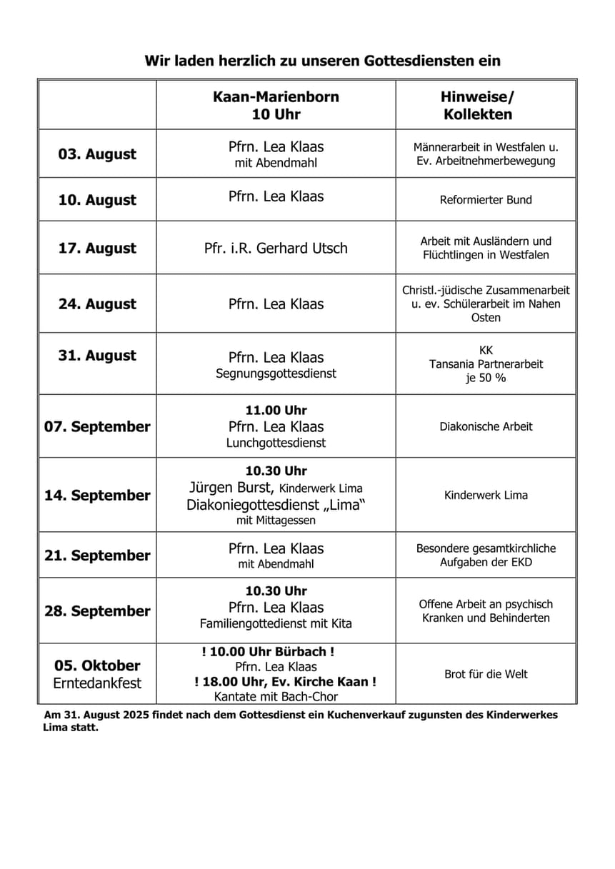 Gottesdienste August - September 2025