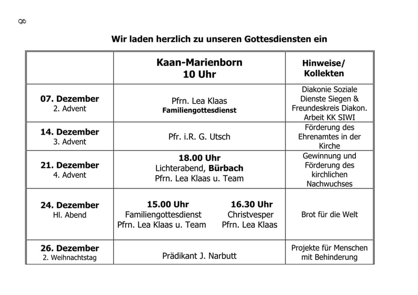 Gottesdienste Dezember 2025 - Januar 2026