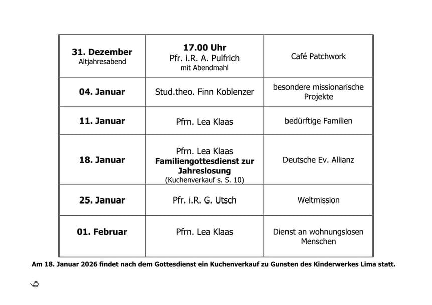 Gottesdienste Dezember 2025 - Januar 2026