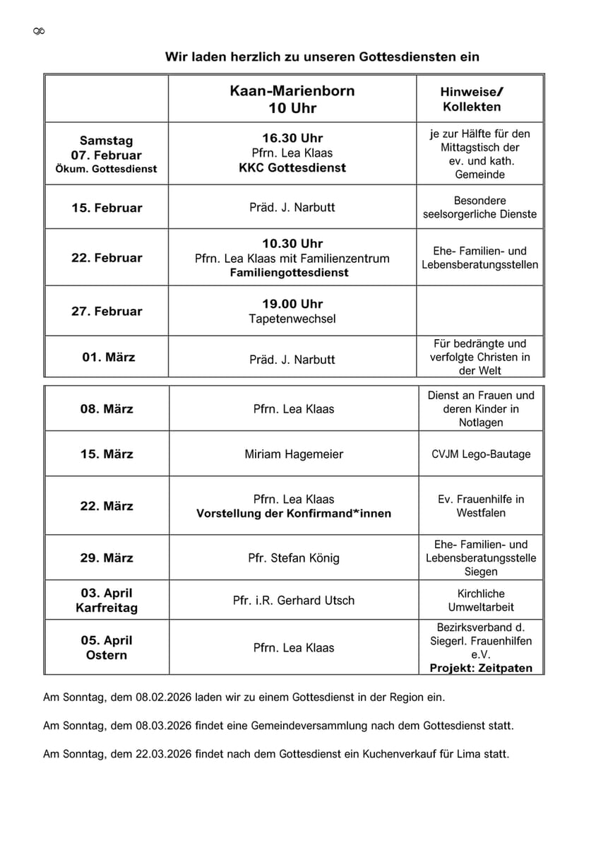 Gottesdienste Februar 2026 - M&auml;rz 2026